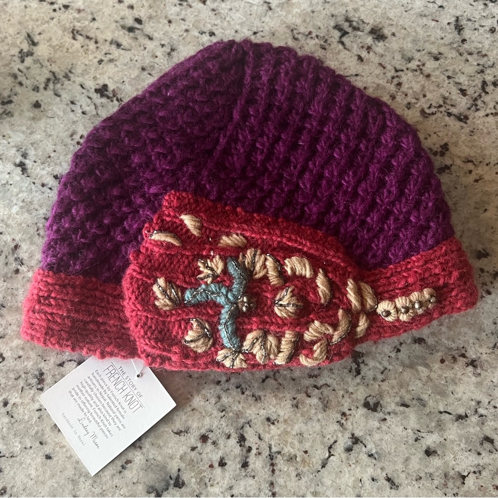 New - French Knot Purple and Red Knit Beanie with Embroidery